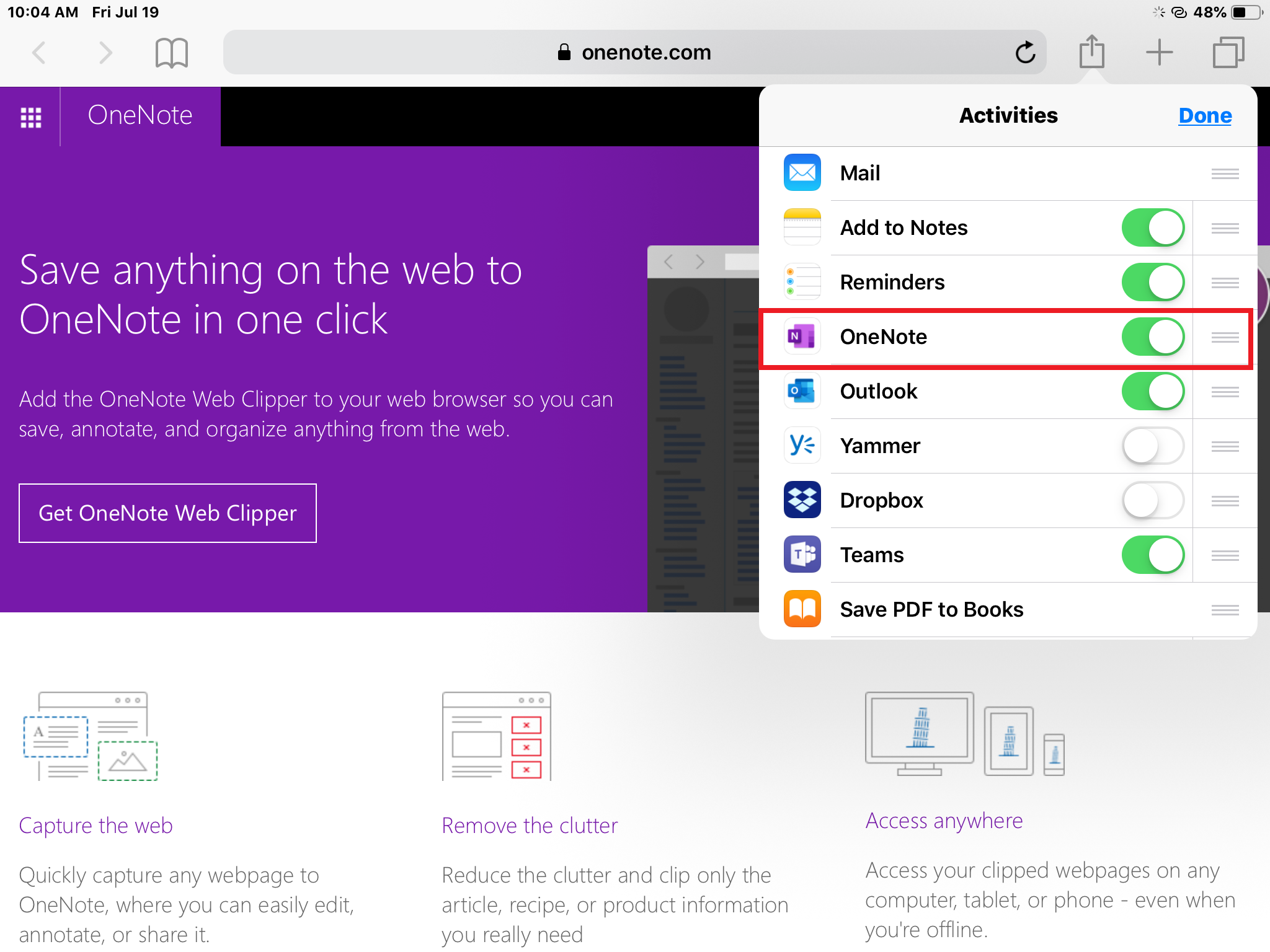 Onenote safari extension