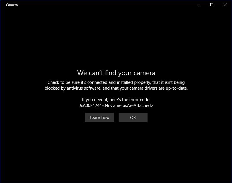 Camera Error Code 0xa00f4244 Nocamerasareattached But Microsoft Community