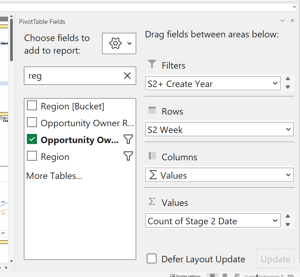 How can I decrease the size of the pivot table field list 