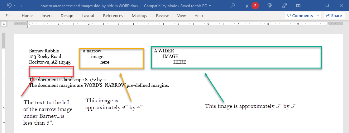 How to create a document with 2 images side-by-side with text to 