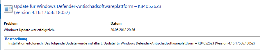 Update für Windows Defender-Antischadsoftwareplattform – KB4052623 (Version 4.16.17656.18052)