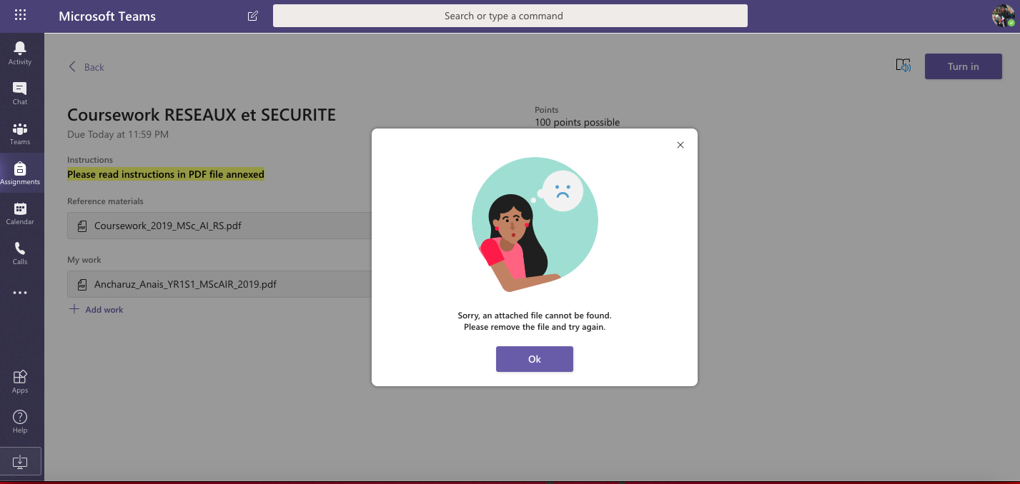 unable to create assignment in microsoft teams