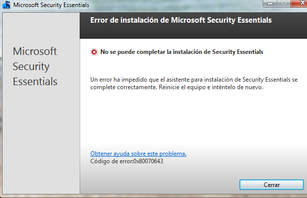 Код ошибки 0x80070643 microsoft security essentials windows 7