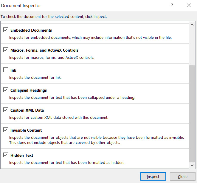 Inspect document in word 2007