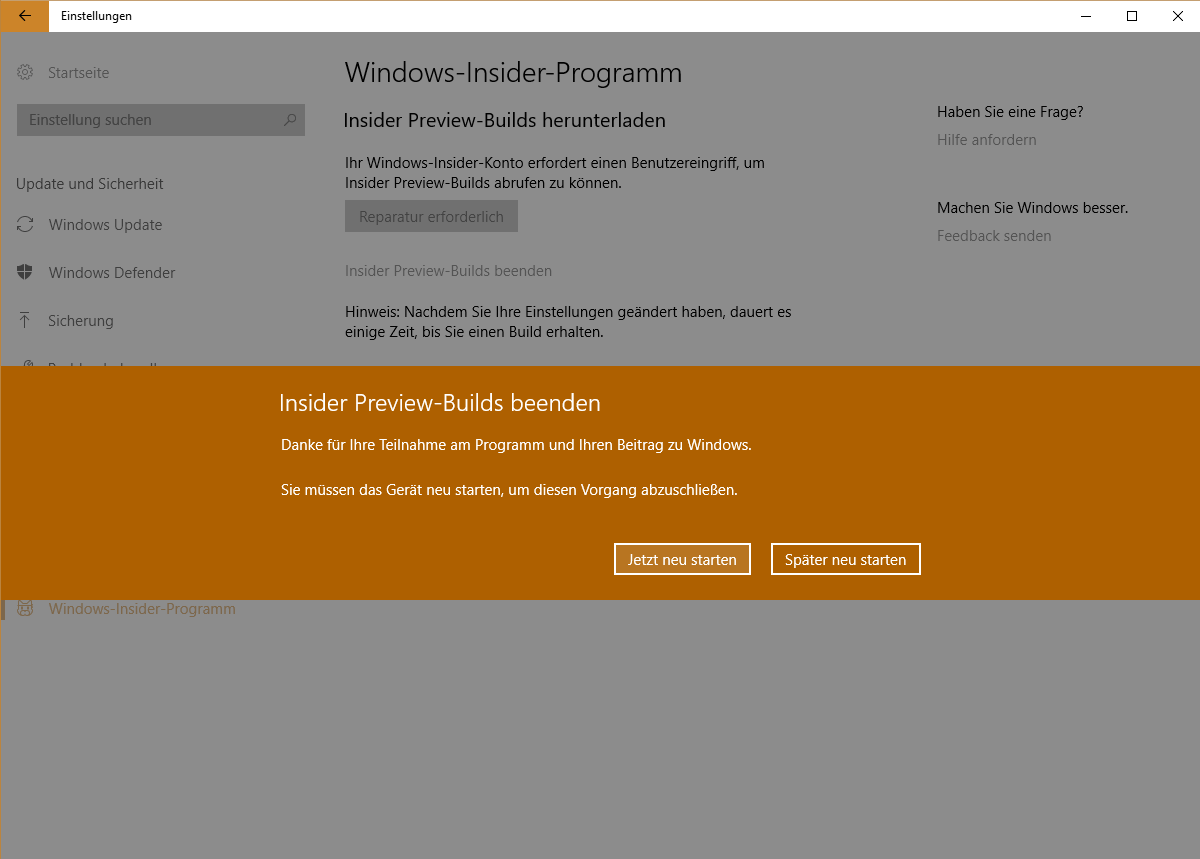 Win 10 - Windows Insider Programm 'Reparatur Erforderlich' Problem
