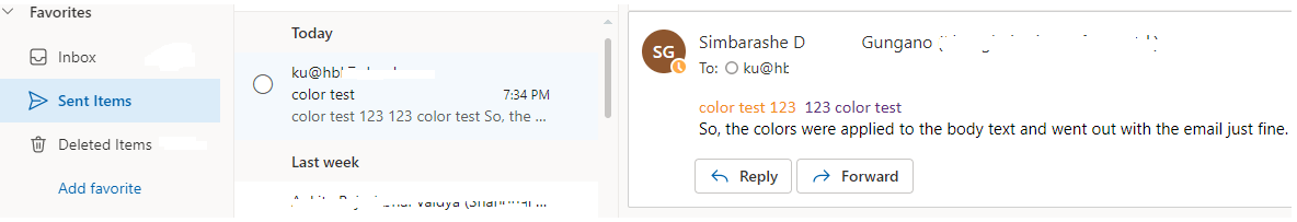 Why does Outlook web app not showing the color of the body text