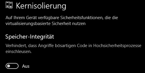 Windows 10 1803 Pro 17134.165 Windows Defender Kernisolierung