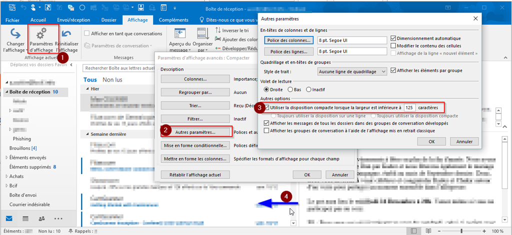 changer affichage mail outlook