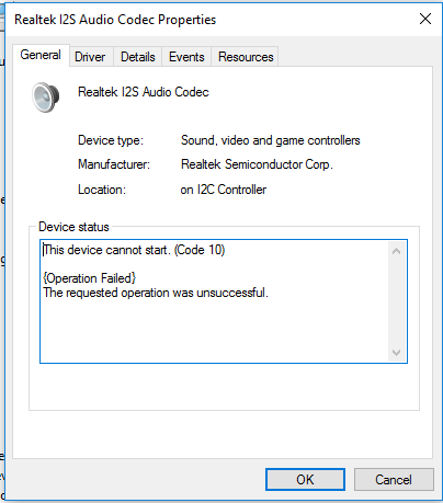 The Device Can Not Start Code 10 In Realtek I2s Codec Microsoft Community