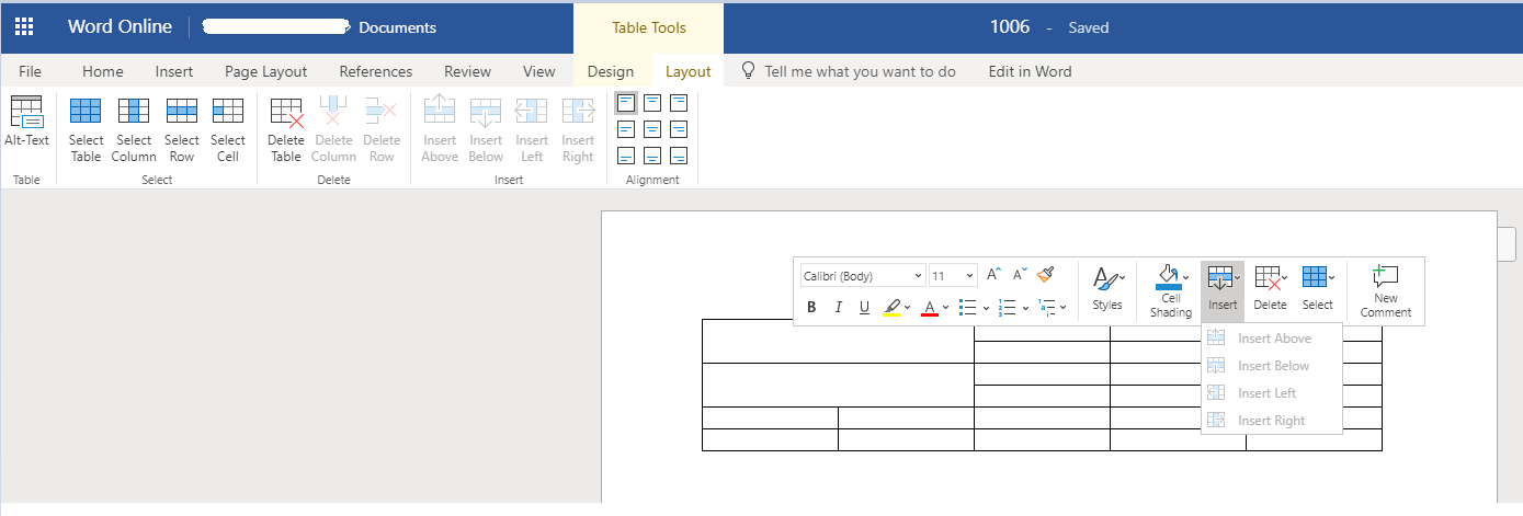 shoulder Bud too much In Word 365 Online table row insert tools are disabled for no reason -  Microsoft Community