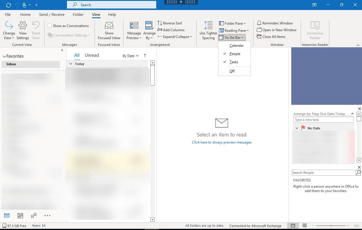 Outlook blank box panel on right hand side of application above