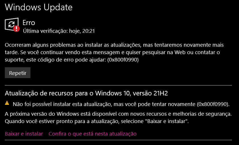 Está dando erro para baixar a atualização - Microsoft Community