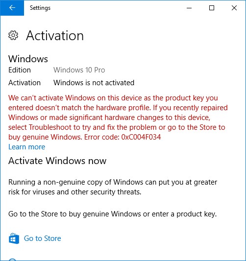 Activation Failure After Windows 10 Downgrade Error Code