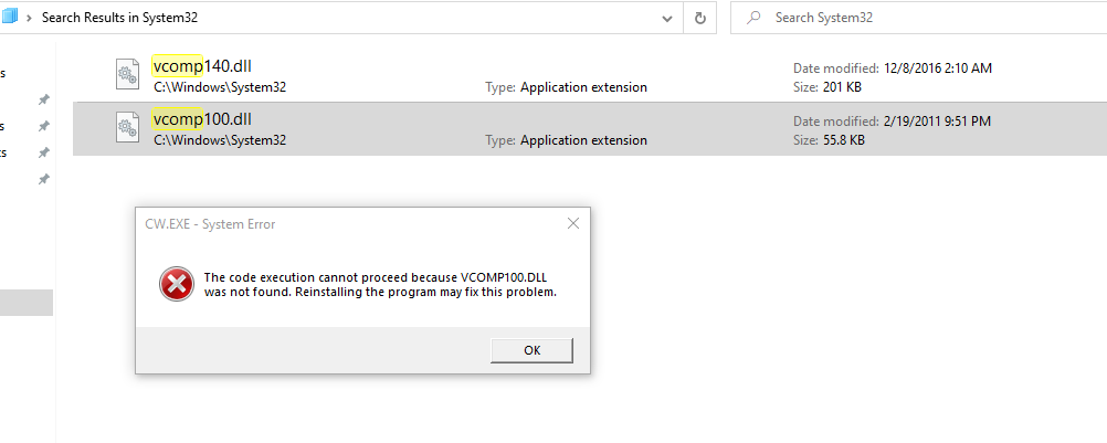 System Error Says VCOMP100.DLL Is Not Found, Even Though It'S In.