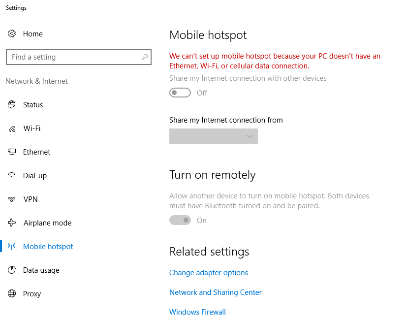 Windows 10 Mobile Hotspot: "We can't setup mobile hotspot ...