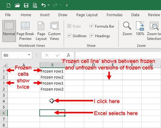 Excel clicks the wrong cells when rows columns are frozen