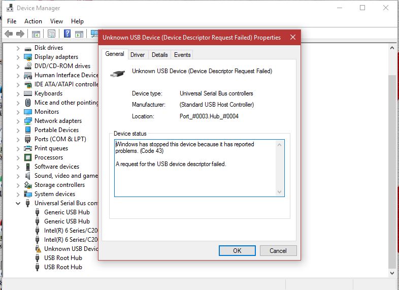 boliger Soar nåde Error 43 : Unknown USB Device (Device Descriptor Request - Microsoft  Community