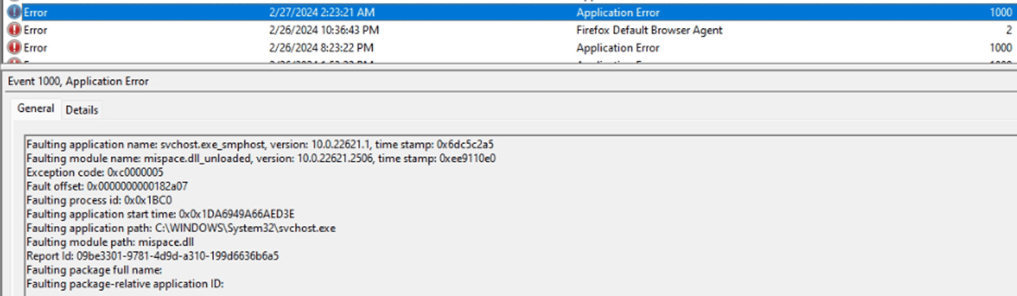 Tons of Exception code 0xc0000005 svchost.exe faulting mispace.dll -  Microsoft Community