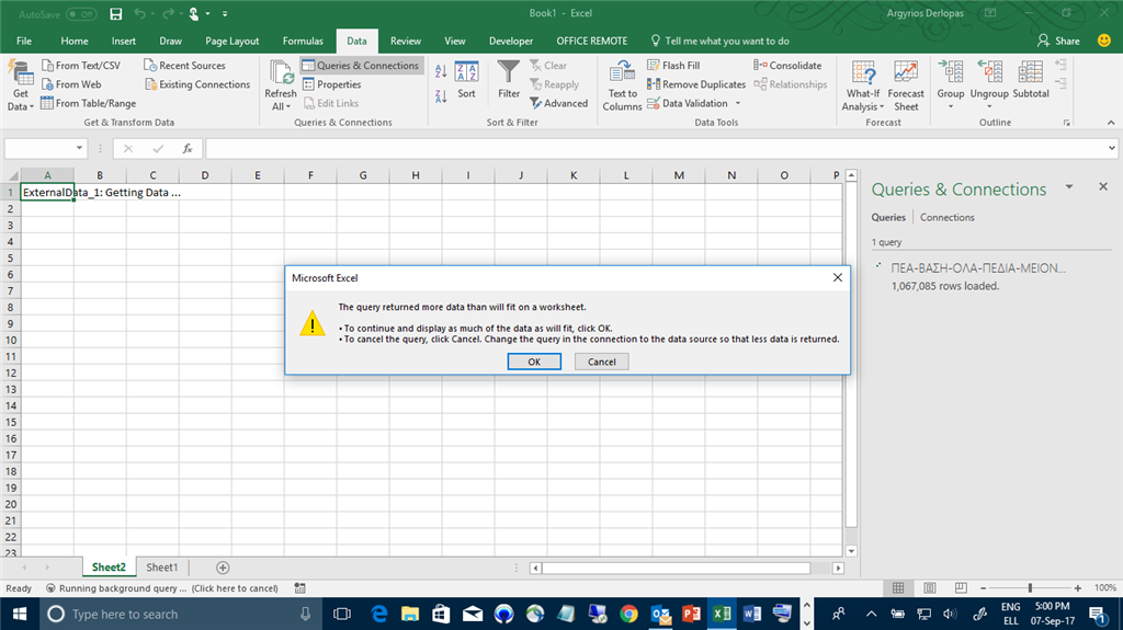 Excel Insider 64bit has limitation on data it can fit on worksheet