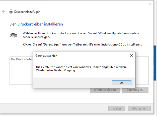 Keine Aktualisierung der Treiber-Geräteliste über Windows Update