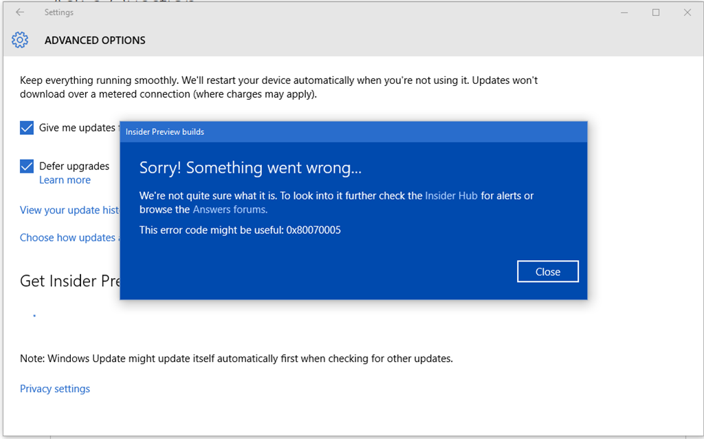 Error While Getting Insider Preview Builds - Microsoft Community