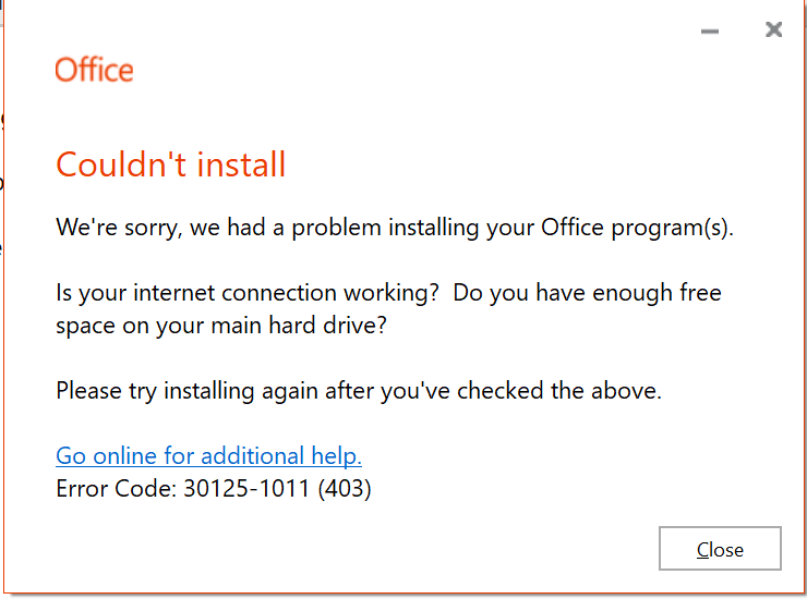 cannot install office 365 windows 10