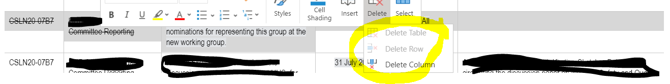 Cannot delete a row in a Word document embedded in Microsoft Teams