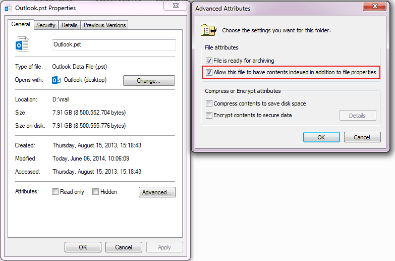 Outlook: "allow this file to have contents indexed in addition to file