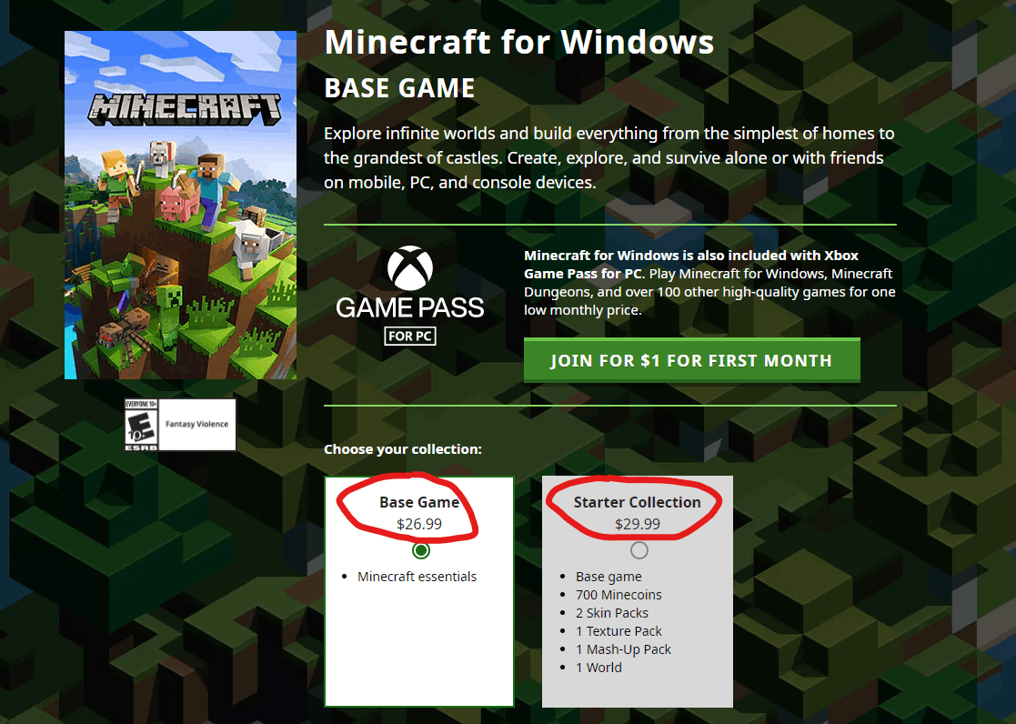 Minecraft s website displays their prices in 2 different