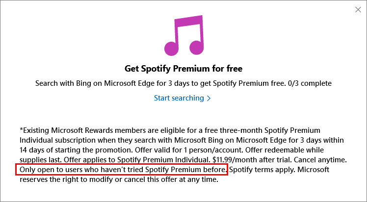 So I'm trying to redeem the 3 months of spotify premium for searching -  Microsoft Community