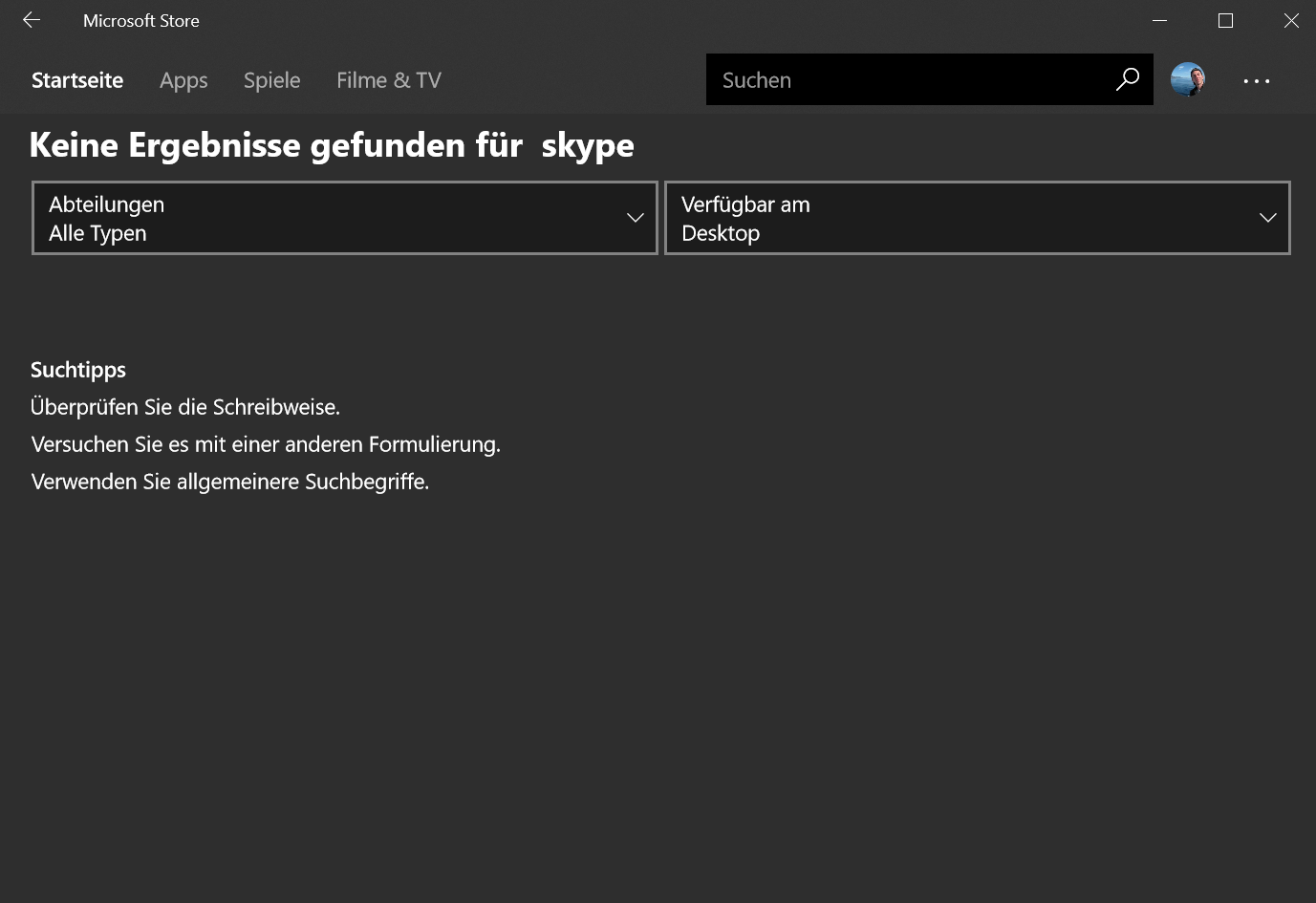 Microsoft Store findet keine Suchergebnisse!