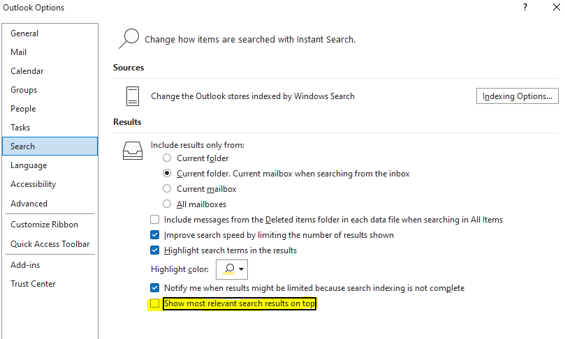 The search in Outlook gives the top 3 results. How can I make this ...