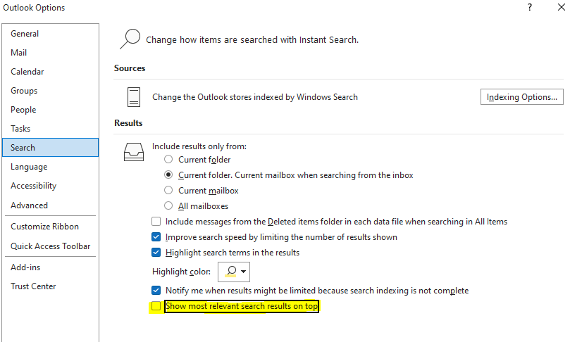 The search in Outlook gives the top 3 results. How can I make this 