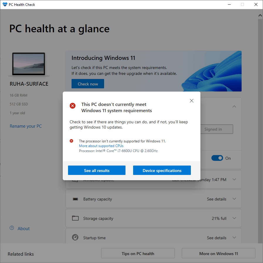 Showing my Microsoft Surface book not compatible for Windows 11 Update ...