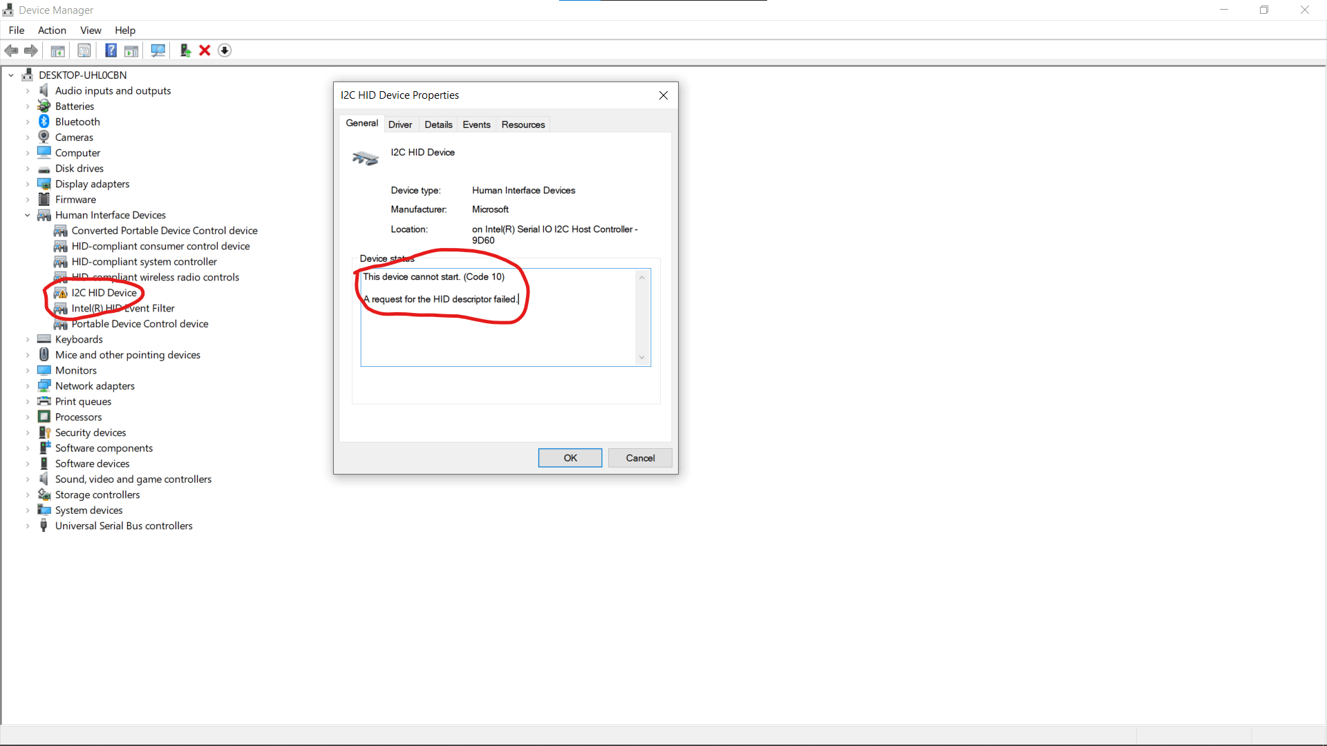 This device cannot start. (Code 10) A request for the HID descriptor