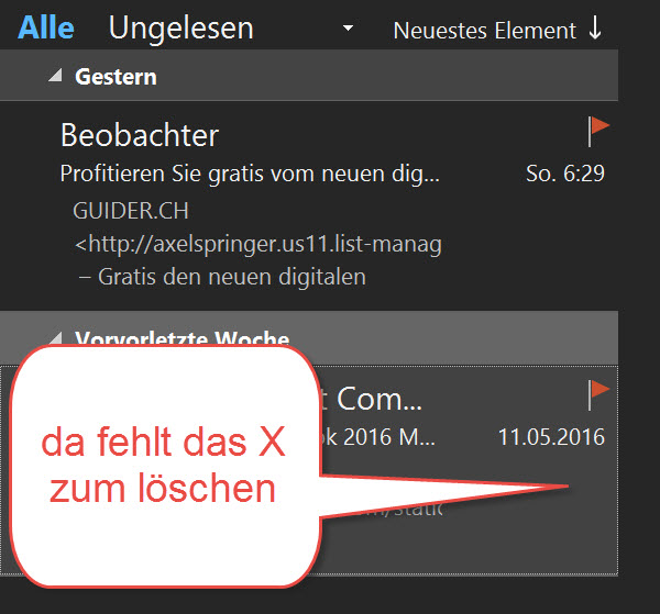 Outlook 2016 Mail Direkt In Der Mailliste Mit Loschensymbol