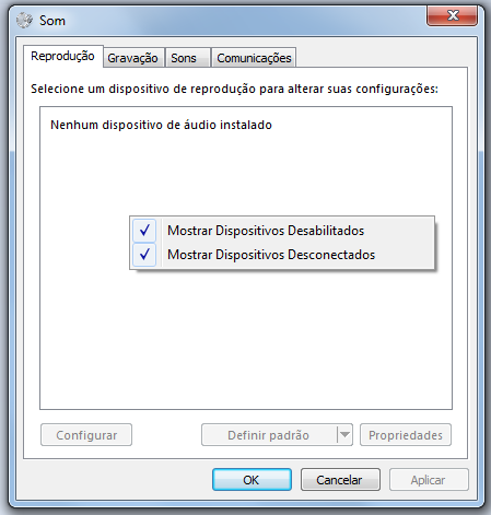 Nenhum dispositivo de saída de áudio instalado