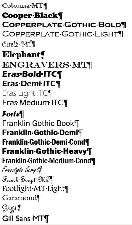 Microsoft word font types list