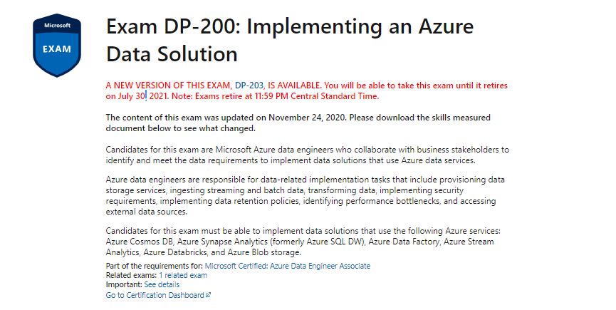 Wrong date in MS website for retirement of DP 200 certification