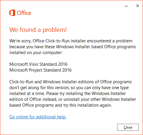 Can T Install Office 16 With Visio 16 And Or Project 16 Microsoft Community