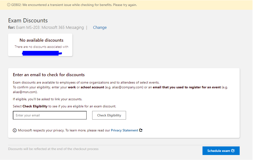 Exam MS-203: Microsoft 365 Messaging- Discount does not show apply -  Training, Certification, and Program Support