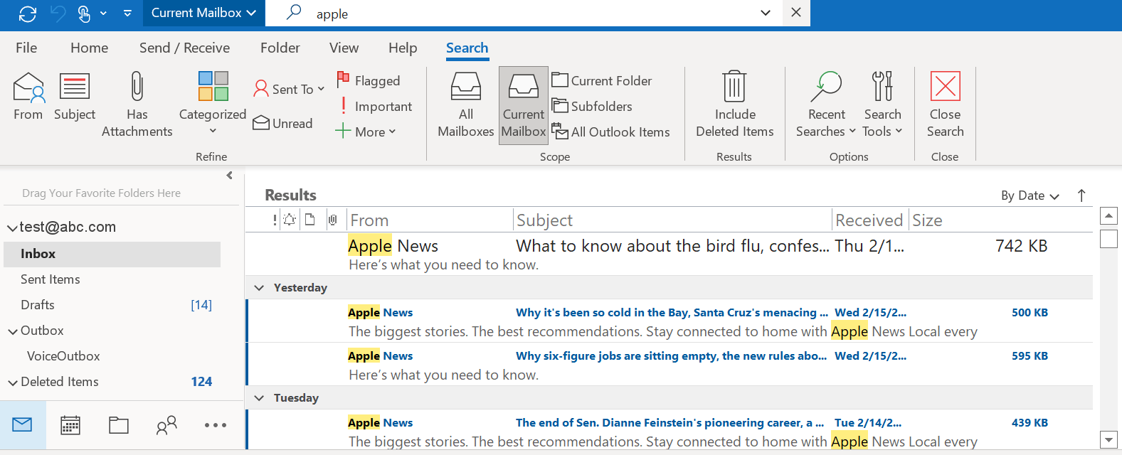 How to change font size for From, Subject, Receivedin search 