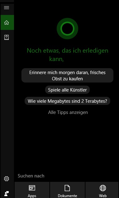 Anzeige Fertigkeiten, Cortana