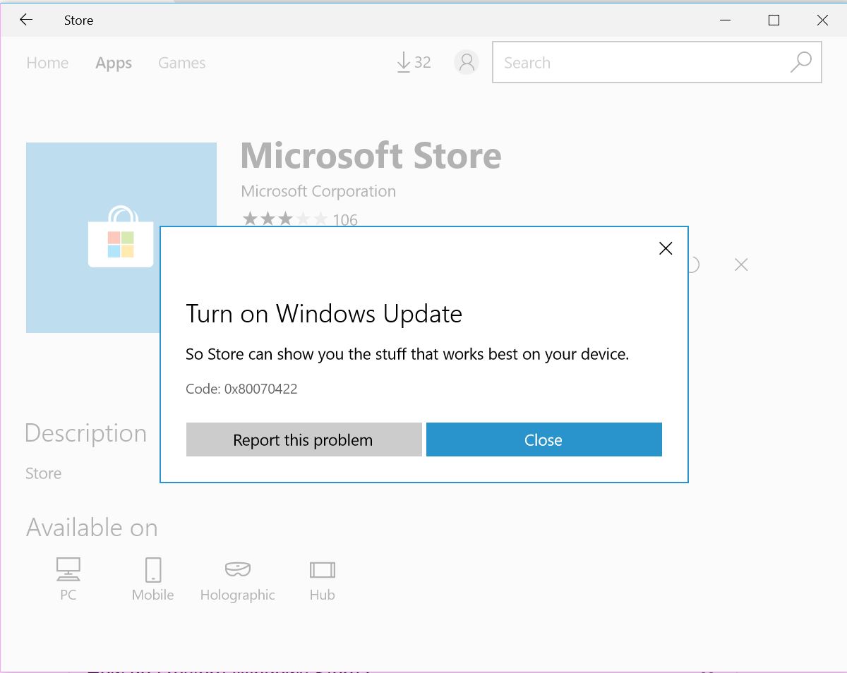 Microsoft store не скачивает приложения 0x80070422
