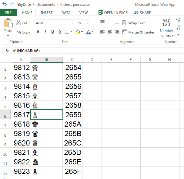 How to insert chess symbols in Excel