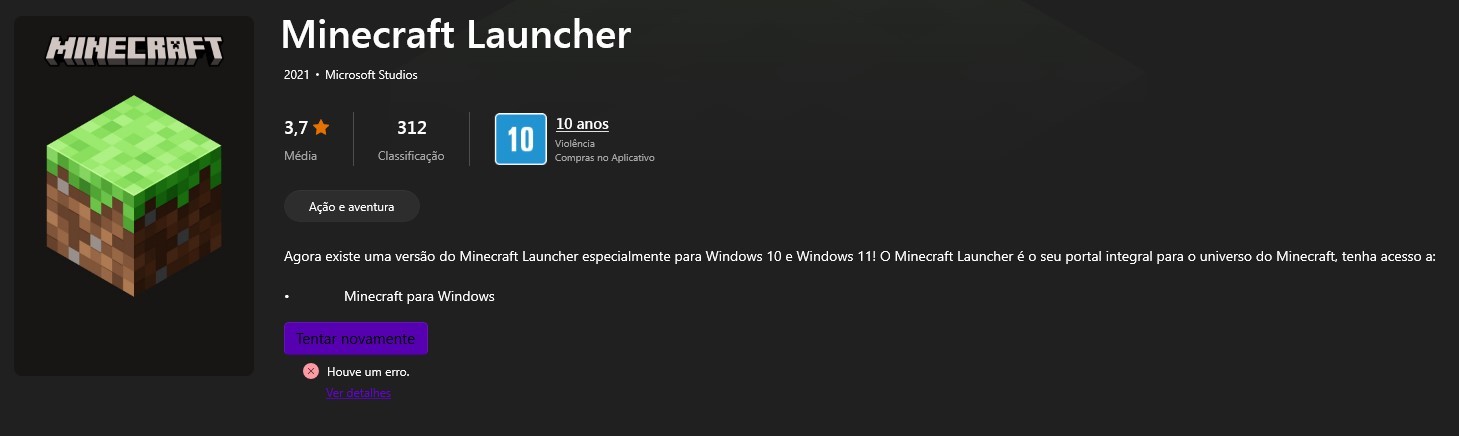 Erro na instalação do Minecraft para Windows 10 e 11. - Microsoft