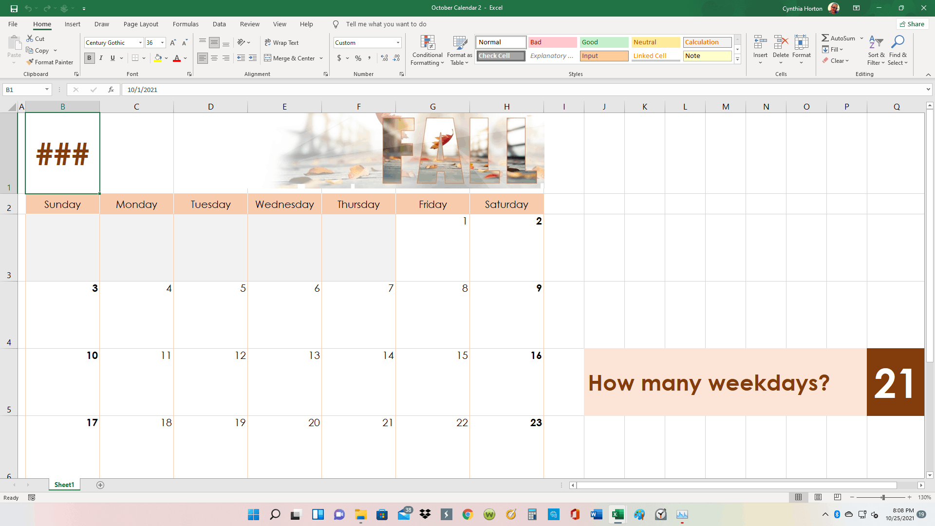 Making calendar in Excel, can't get the month and year to come out ...