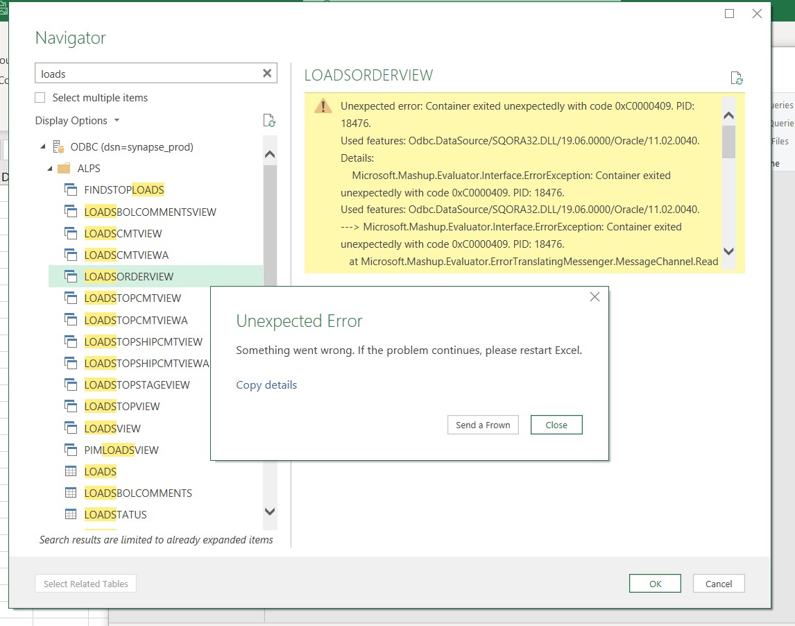 Excel Power Query Oracle ODBC "Unexpected Error: Container Exited ...