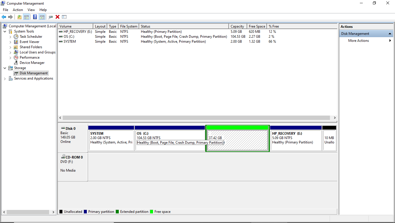 Unable to create a new simple volume from free space on drive ...