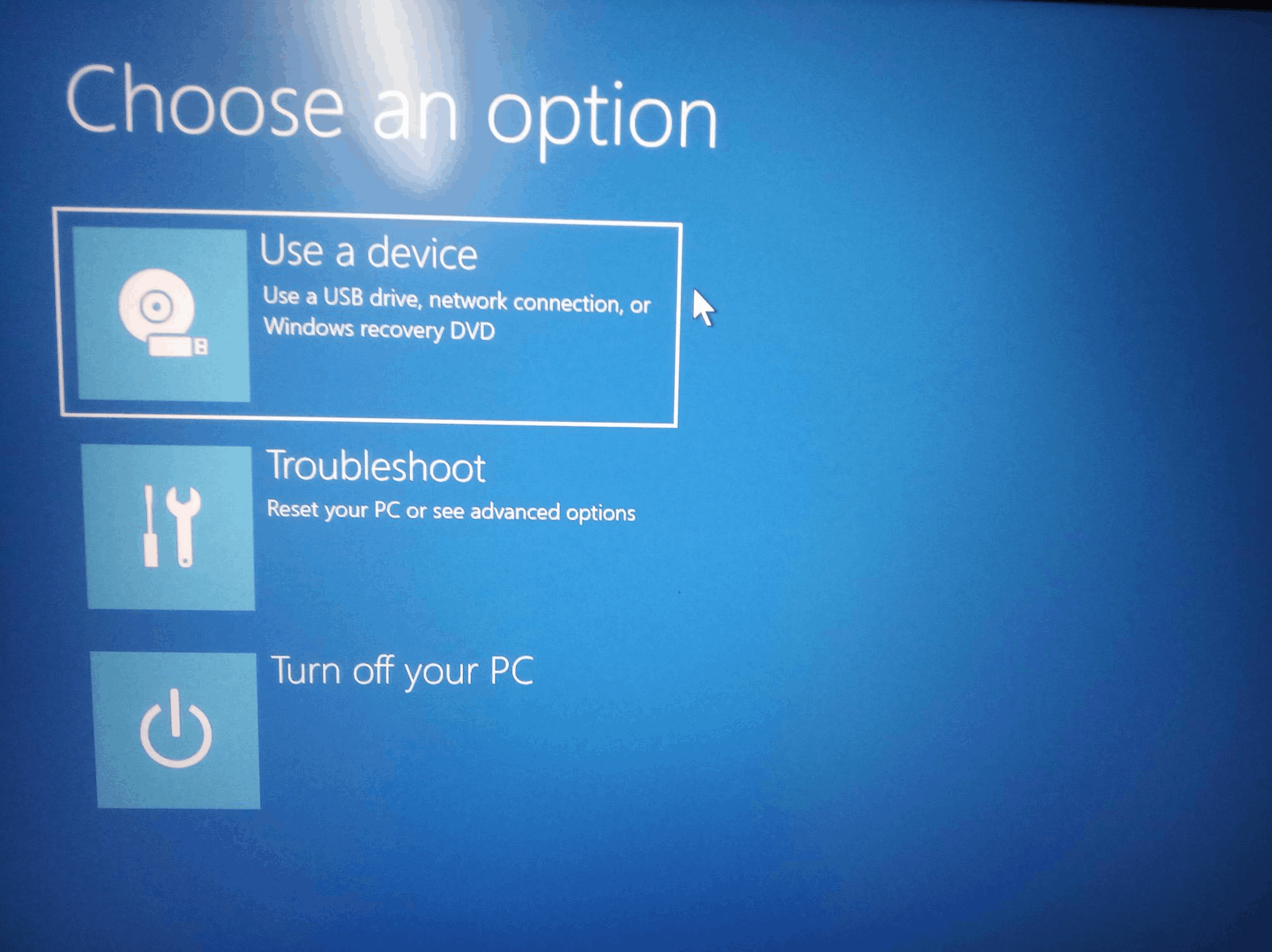 My window now only shows a blue screen 'Choose an option' after i have ...